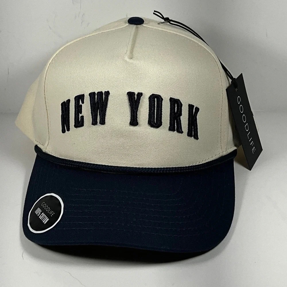 Goodlife New York Embroidered Snapback Hat Cream Navy Blue Cotton Est 1624 Cap
